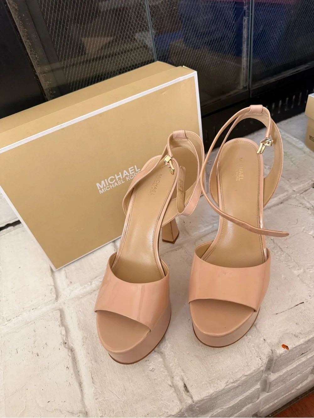 Michael Kors Blush Patent Platform Sandals with Ankle Strap